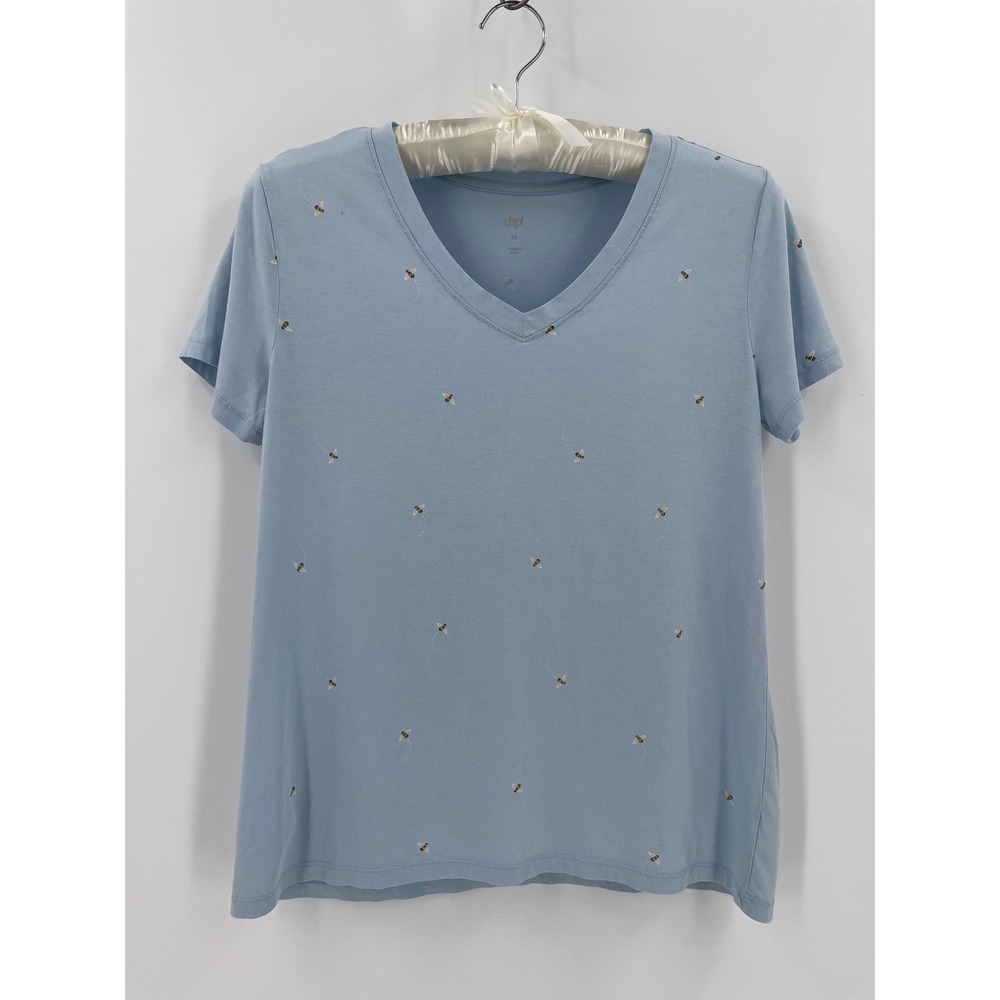 Dip Dainty Bee Print V Neck Short Sleeve T Shirt Womens M Blue Cotton Modal